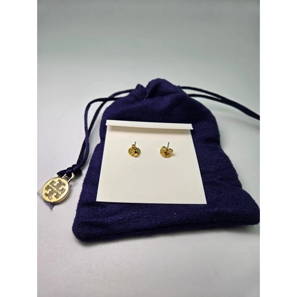 Tory Burch Gold Tone Logo Stud Earrings Pierced Designer Jewelry‎